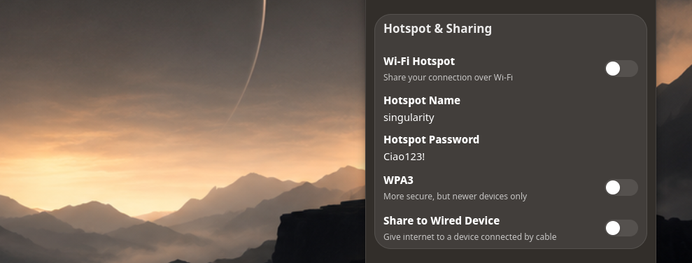 The Wi-Fi hotspot and internet sharing settings