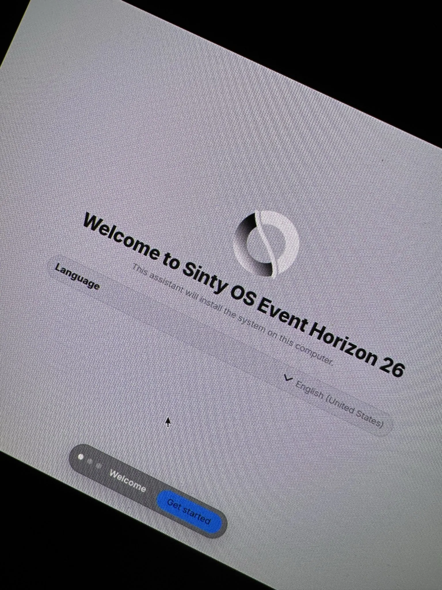 The Sinty OS Event Horizon 26 welcome screen